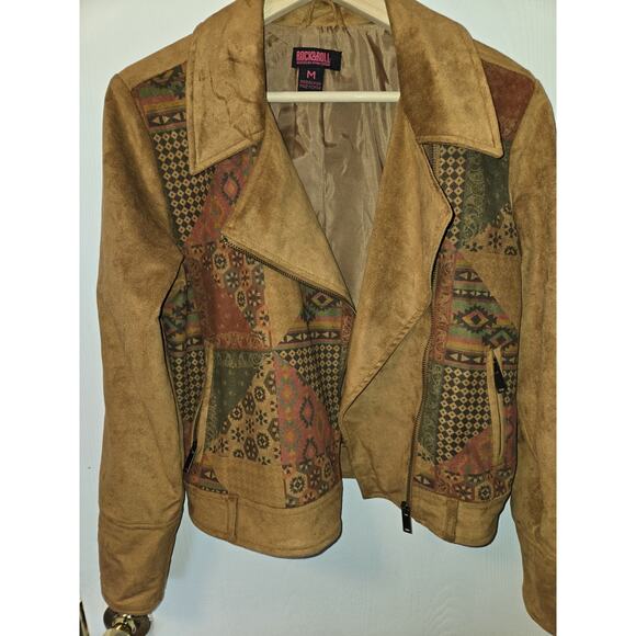 Rock & Roll Denim Southwestern Aztec Patchwork Faux Suede Moto Jacket Women’s M - Picture 3 of 11